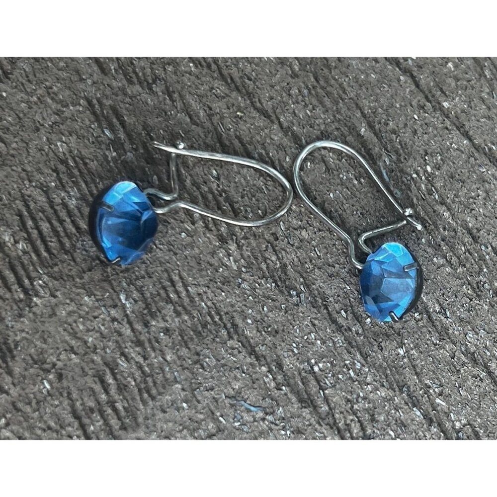 Blue Art DEco Crystal Necklace Choker & Dangle Earrings Set 1930s Open Back Bril - Picture 4 of 11